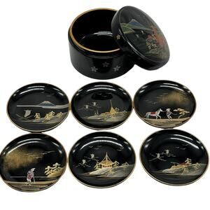 Vintage Aizu Lacquerware Coasters Set of 6 with Storage Box